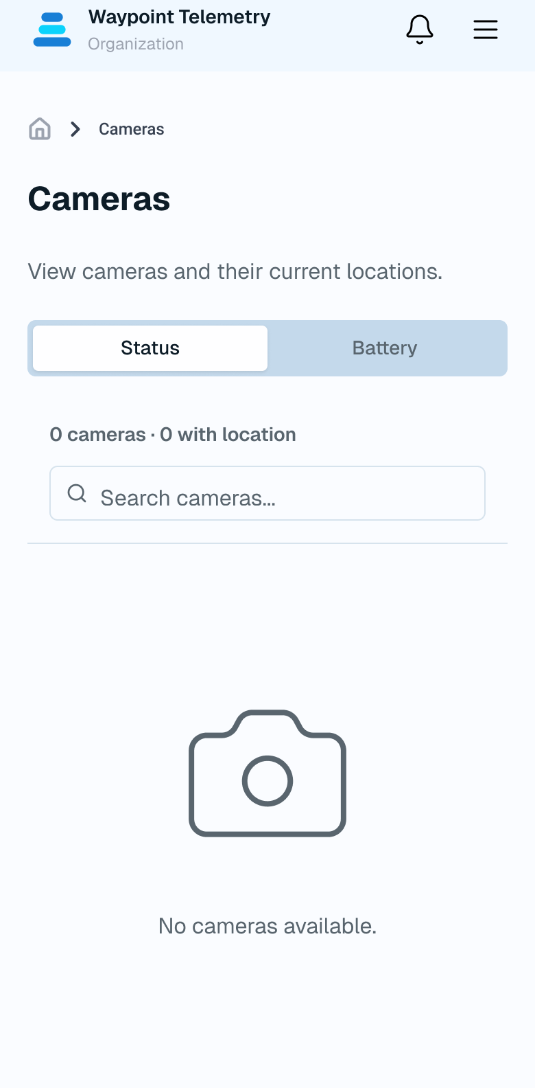 Cameras redesenhada: uma coluna, busca com largura inteira e breadcrumb